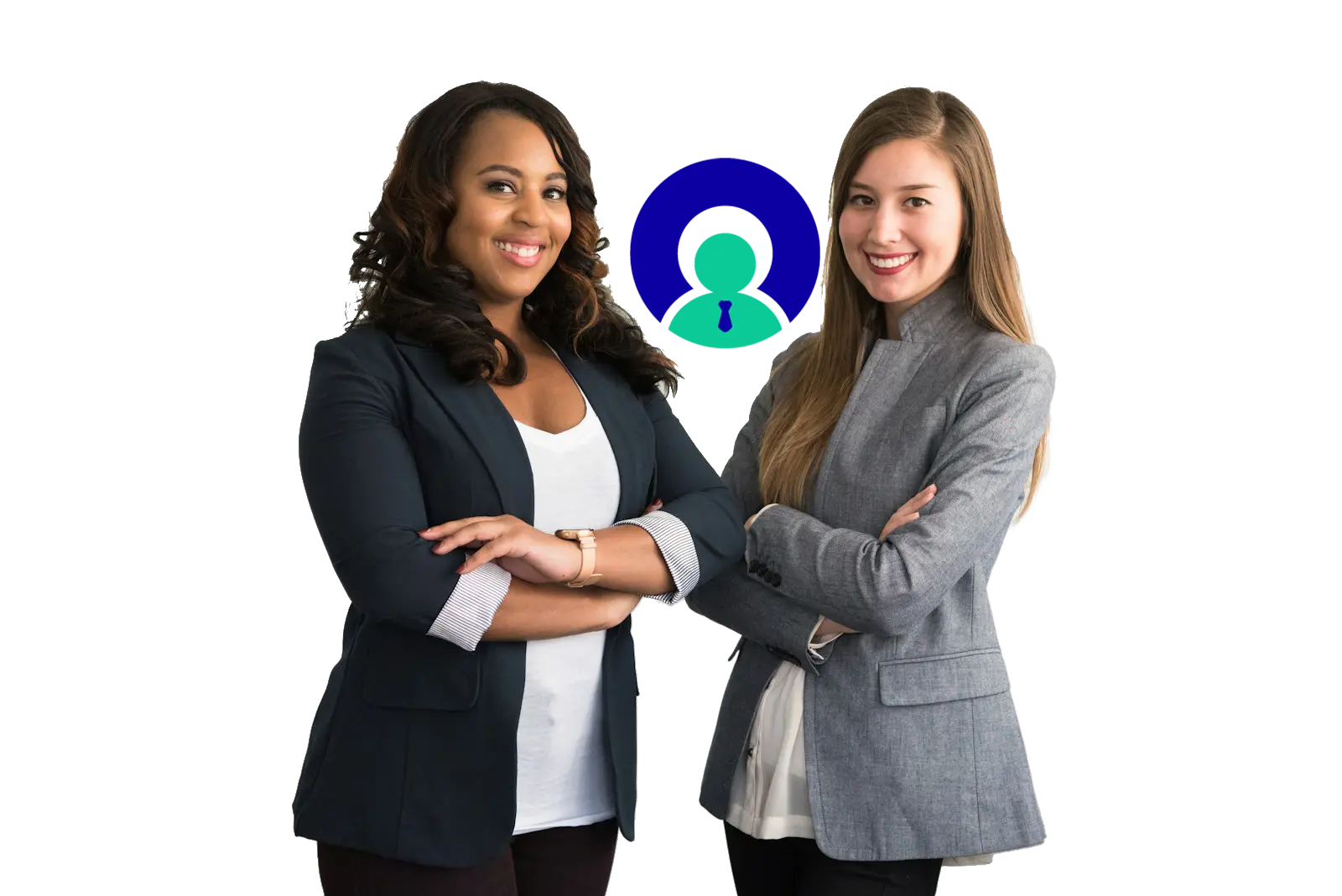 two women in suits standing beside wall