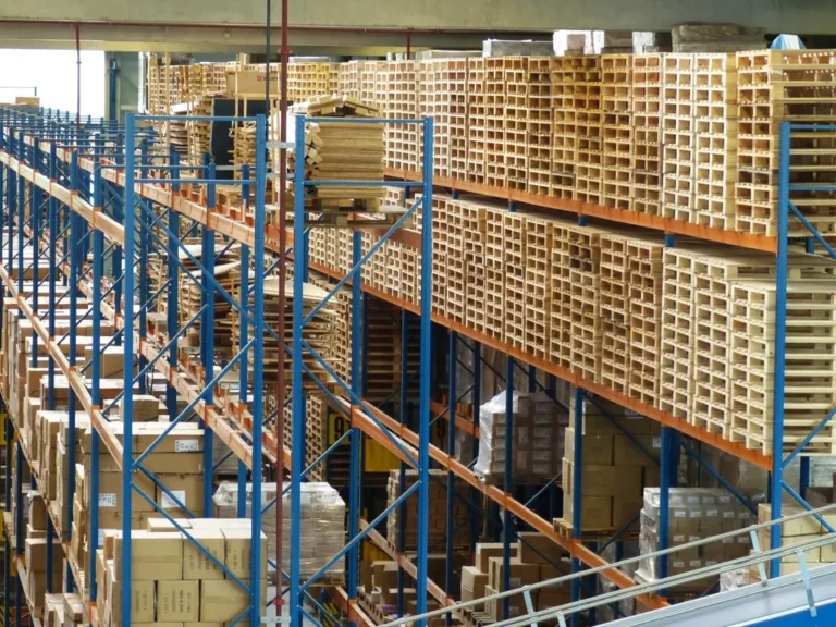 Racked pallets and stock in a distribution warehouse