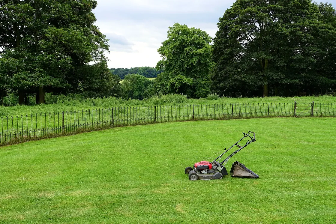 Lawn mower on a freshly mowed lawn beside an estate fence and trees